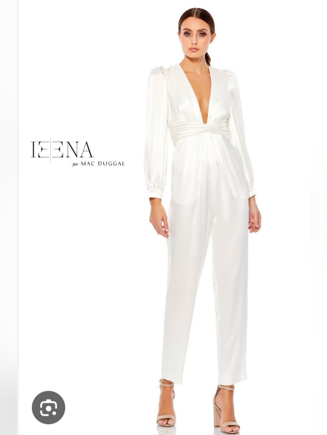 Ieena For Mac Duggal A2647 White Plunging Satin Jumpsuit Sz 2